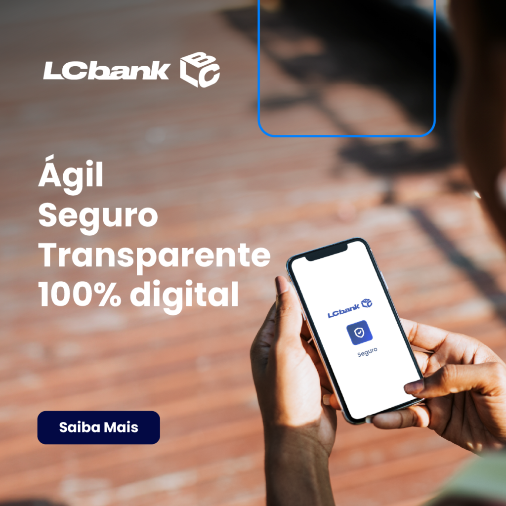 Logo LCbank, texto "Ágil Seguro Transparente 100% digital" e tela de celular com app LCbank.